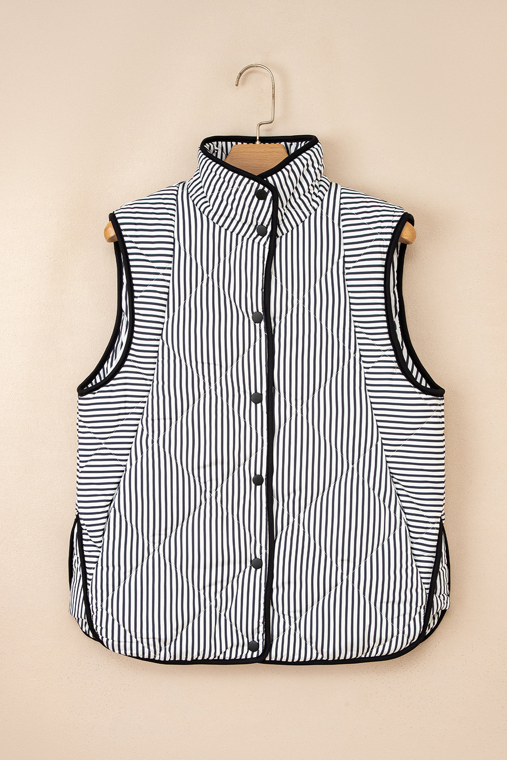Stripe Contrast Trim Snap Button Collared Vest
