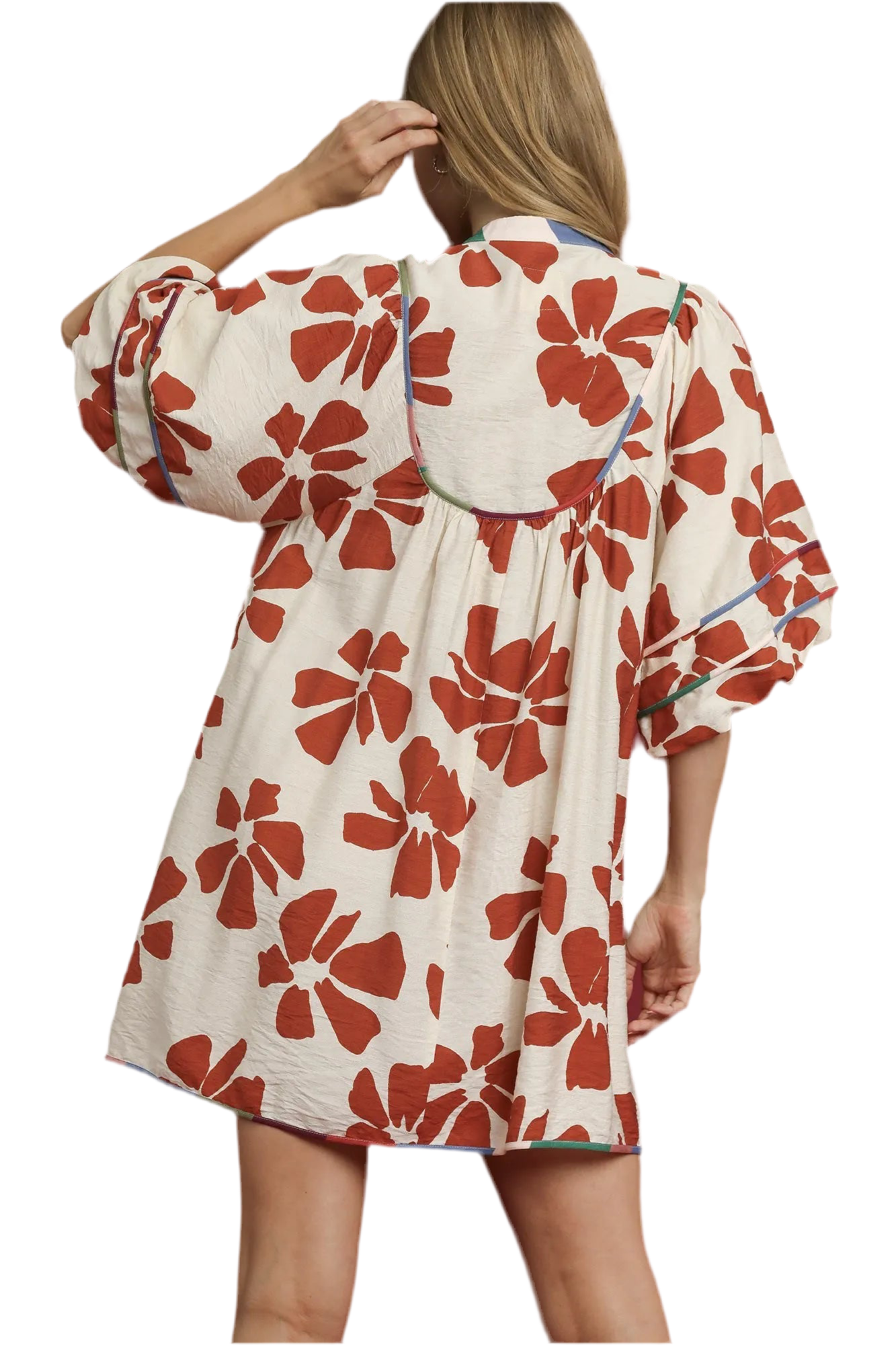 Umgee Two Tone Floral Tie-Neck Babydoll Dress