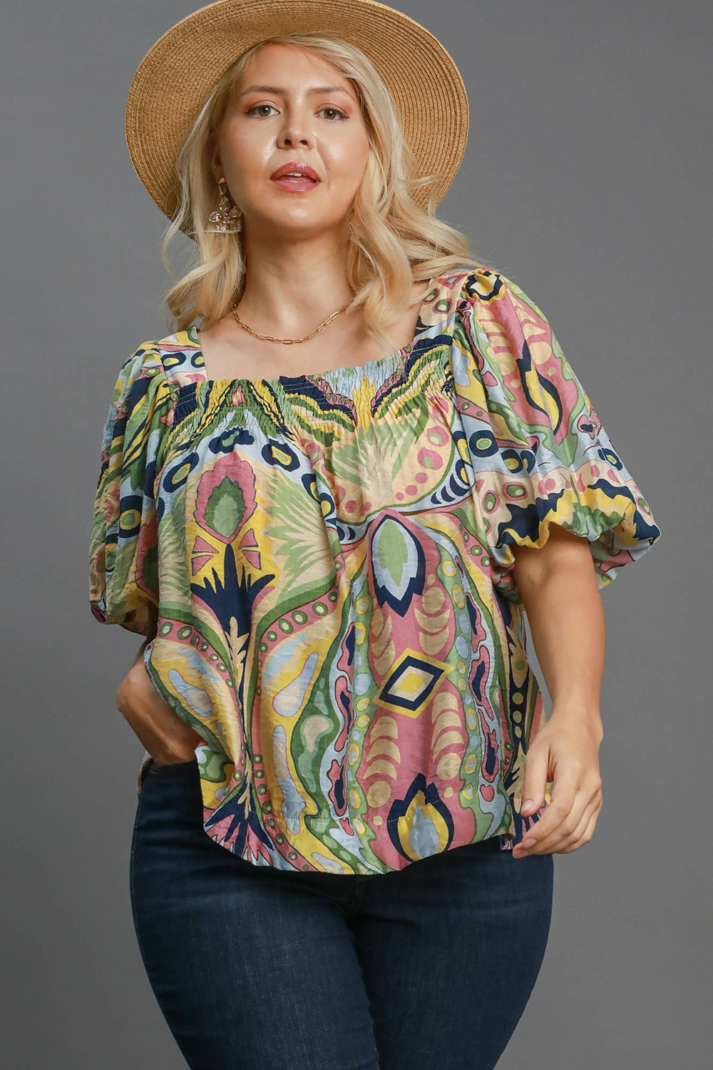 Umgee Famous Print Smocked Top