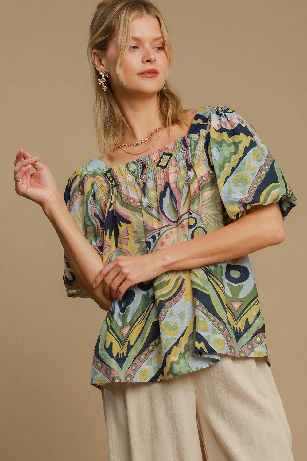 Umgee Famous Print Smocked Top