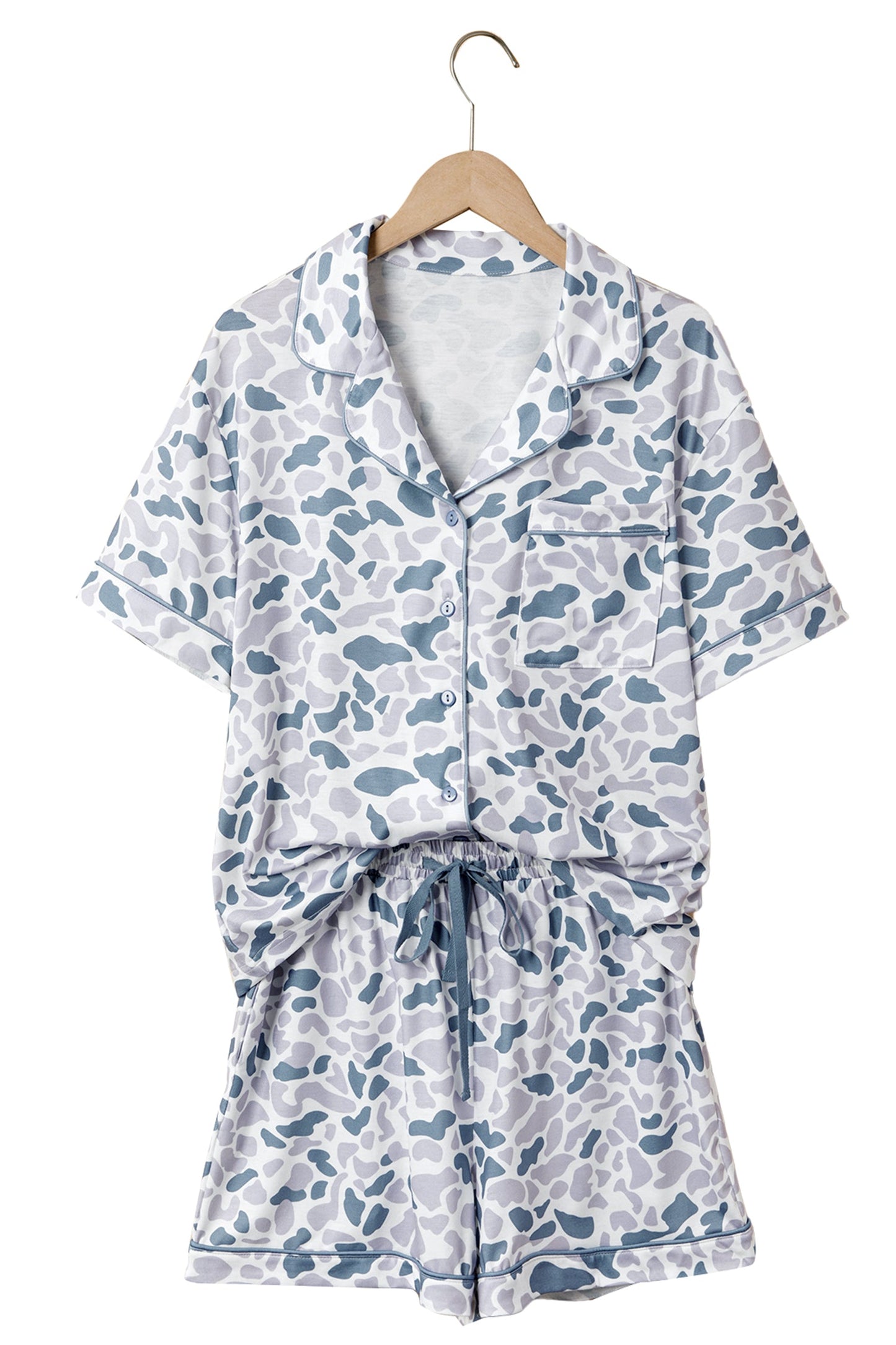 Camo Lapel Shirt & Drawstring Shorts Pajama Set