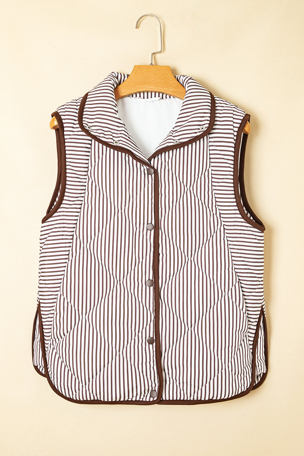 Stripe Contrast Trim Snap Button Collared Vest
