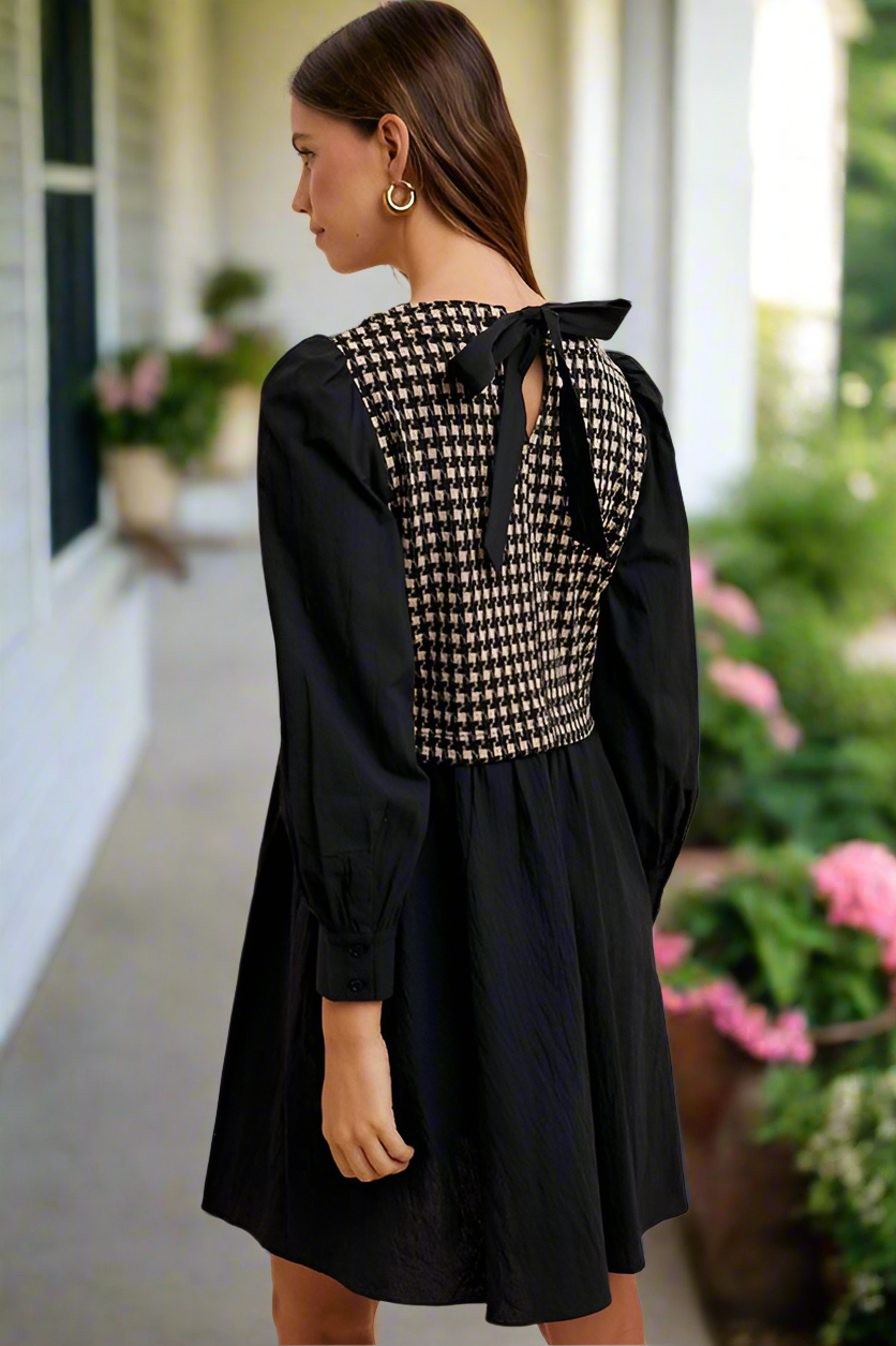 Annie Wear Tie Back Plaid Round Neck Mini Dress