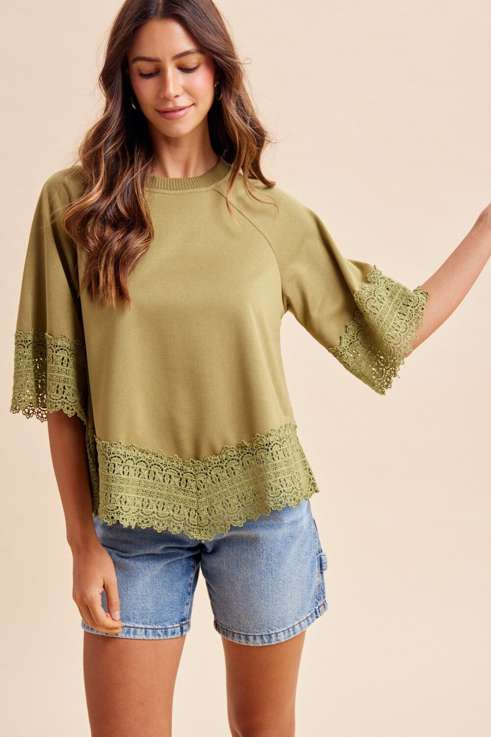 Soft Terry Crochet Lace Trim Raglan Top