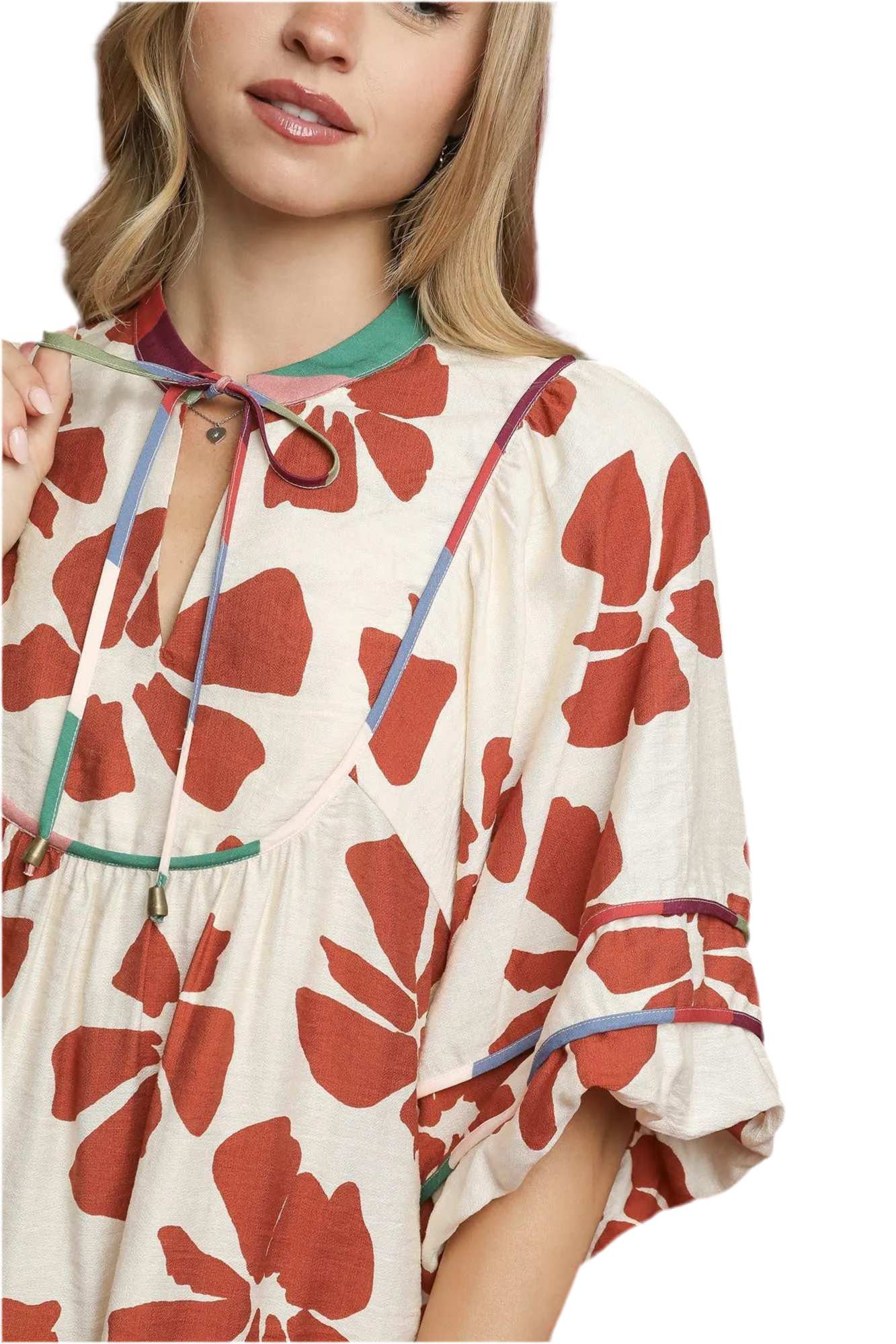 Umgee Two Tone Floral Tie-Neck Babydoll Dress