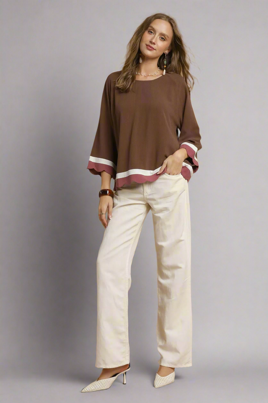 Umgee Scalloped Hem Color Block Top