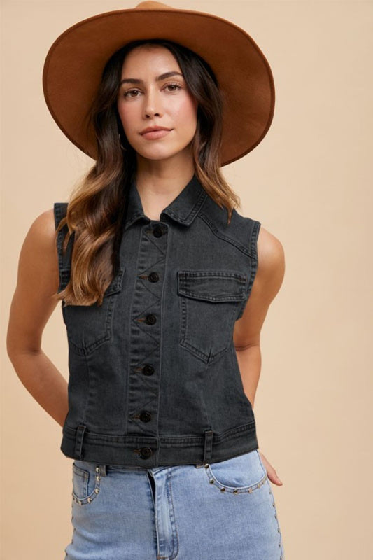 Annie Wear Collared Denim Vest Black
