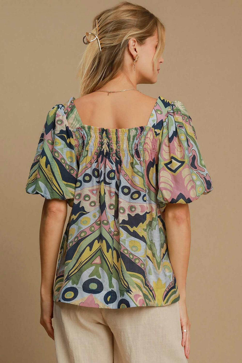 Umgee Famous Print Smocked Top