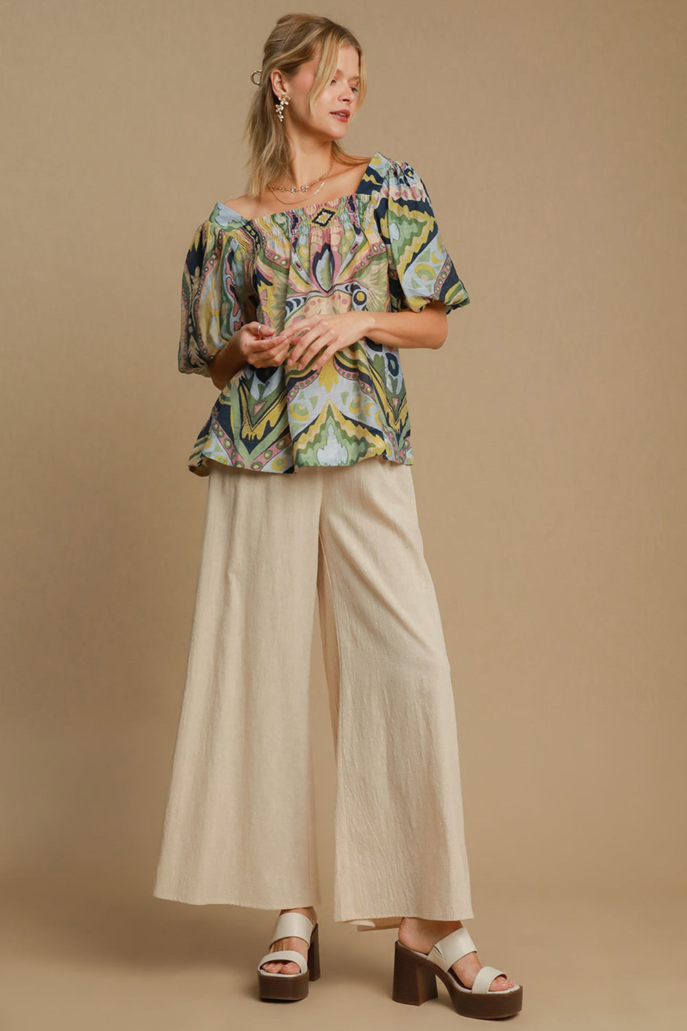 Umgee Famous Print Smocked Top