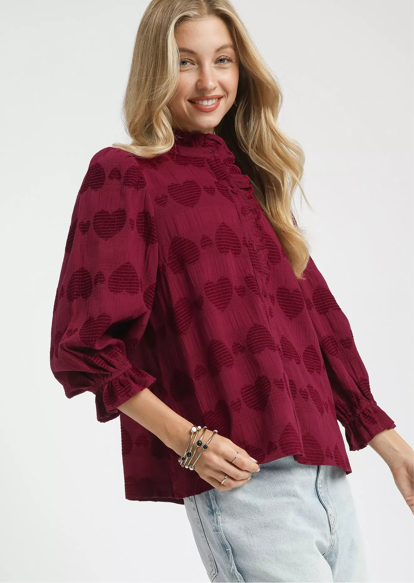Umgee Heart Jacquard Ruffle Trim Shirt