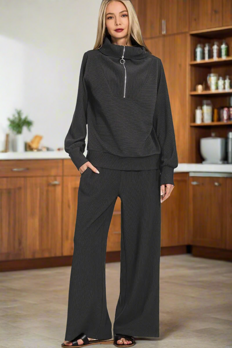 Zenana Ribbed High Neck Half Zip Pullover & Pants Set