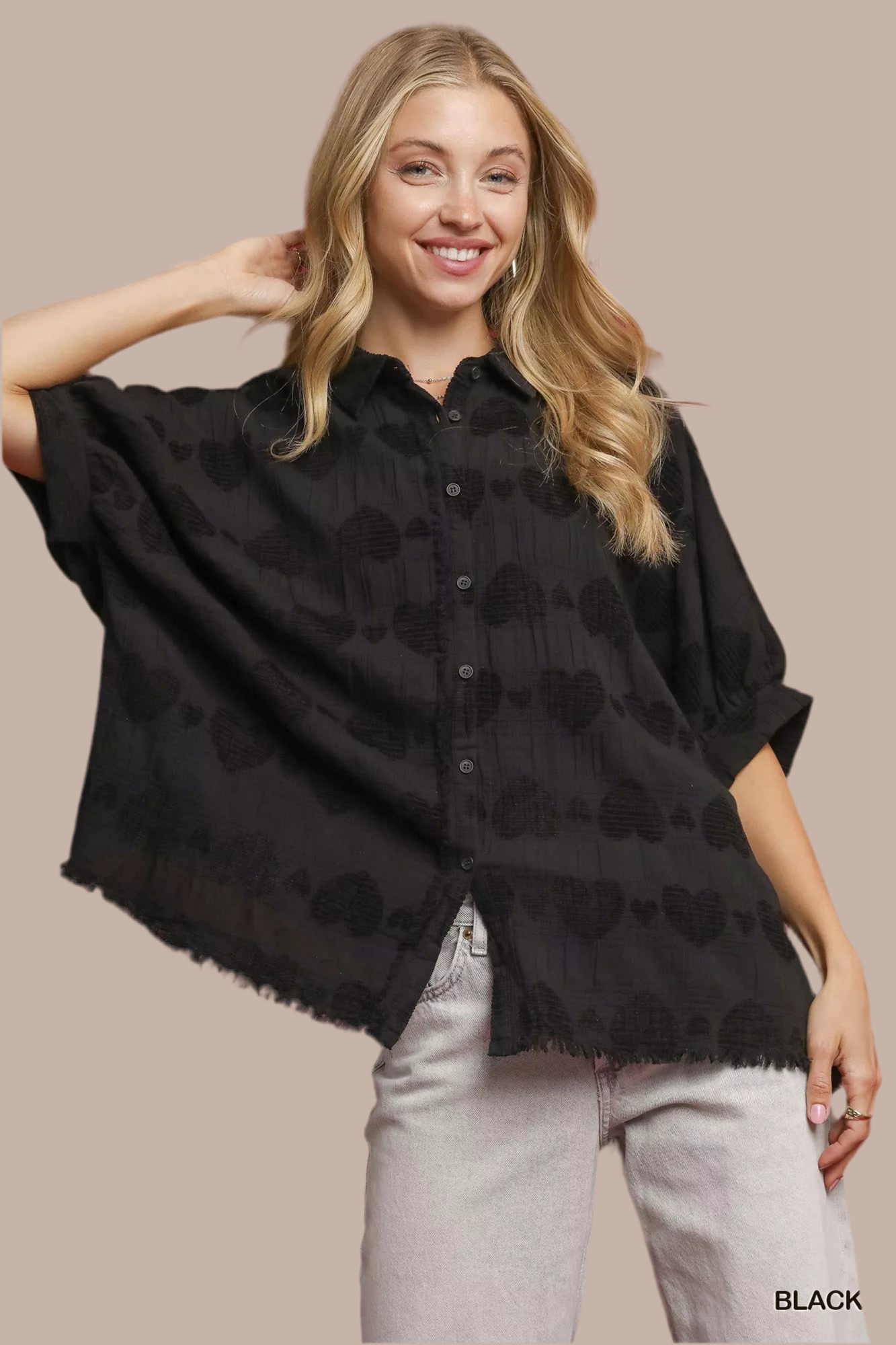 Umgee Jacquard Heart Collared Shirt