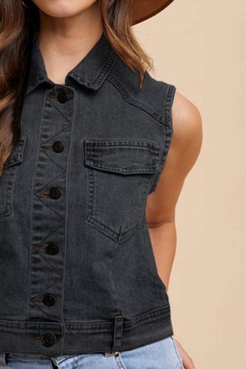 Annie Wear Collared Denim Vest Black