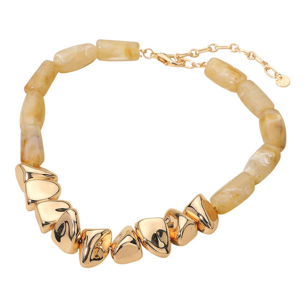 Chunky Polished Metal Marbled Resin Pebble Beaded Statement Necklace