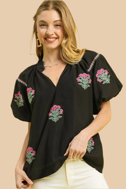 Umgee Floral Embroidered Puff Sleeve Blouse