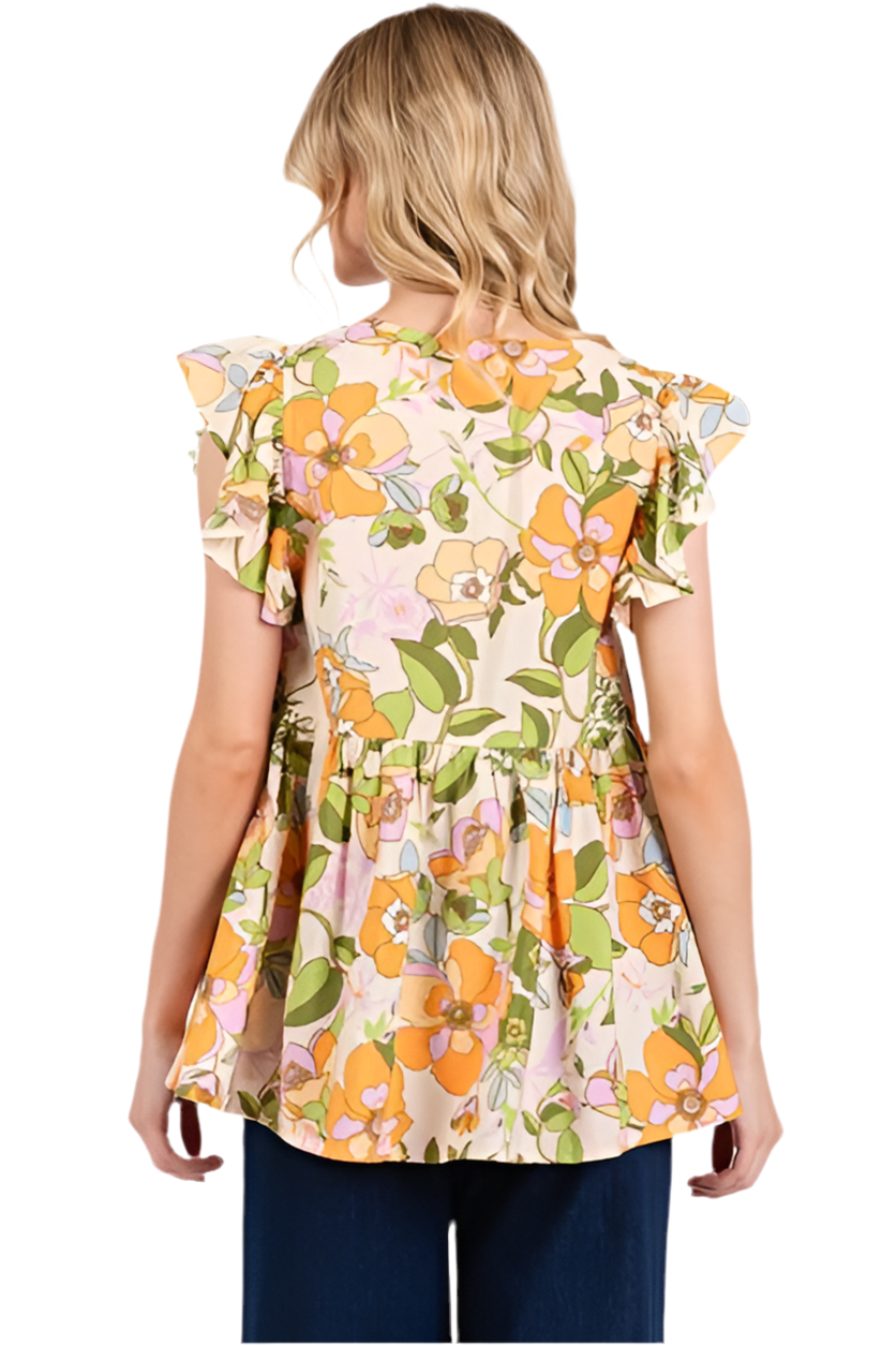 Mittoshop Floral V-Neck Ruffled Cap Sleeve Blouse