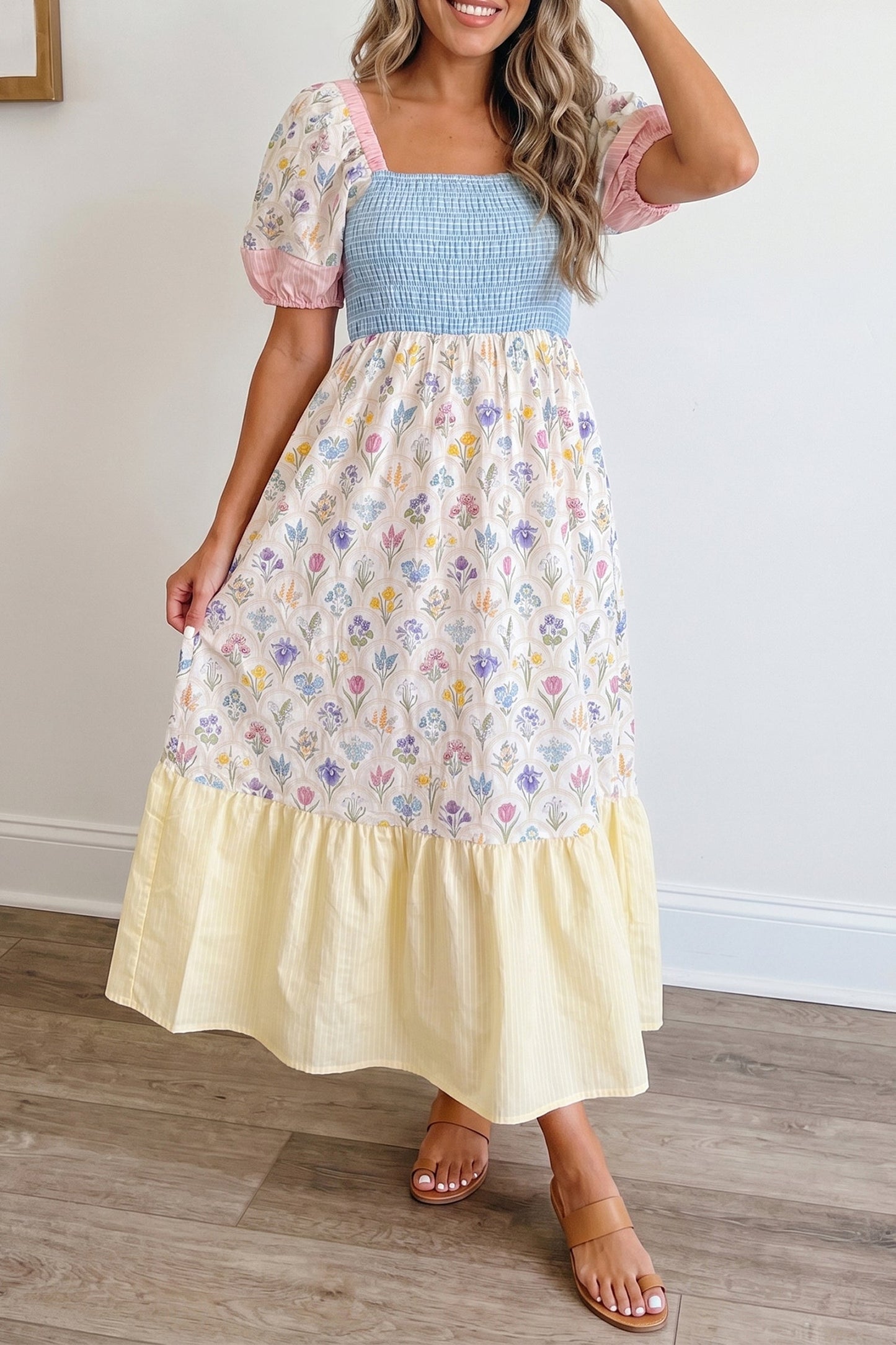 Floral Stripe Colorblock Square Neck Shirred Dress