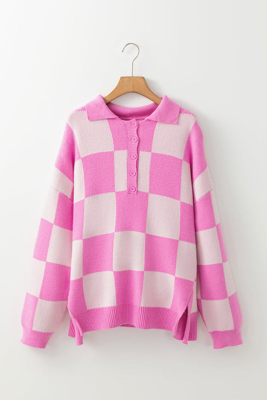Checker Half Buttoned Collar Drop Shoulder Sweater