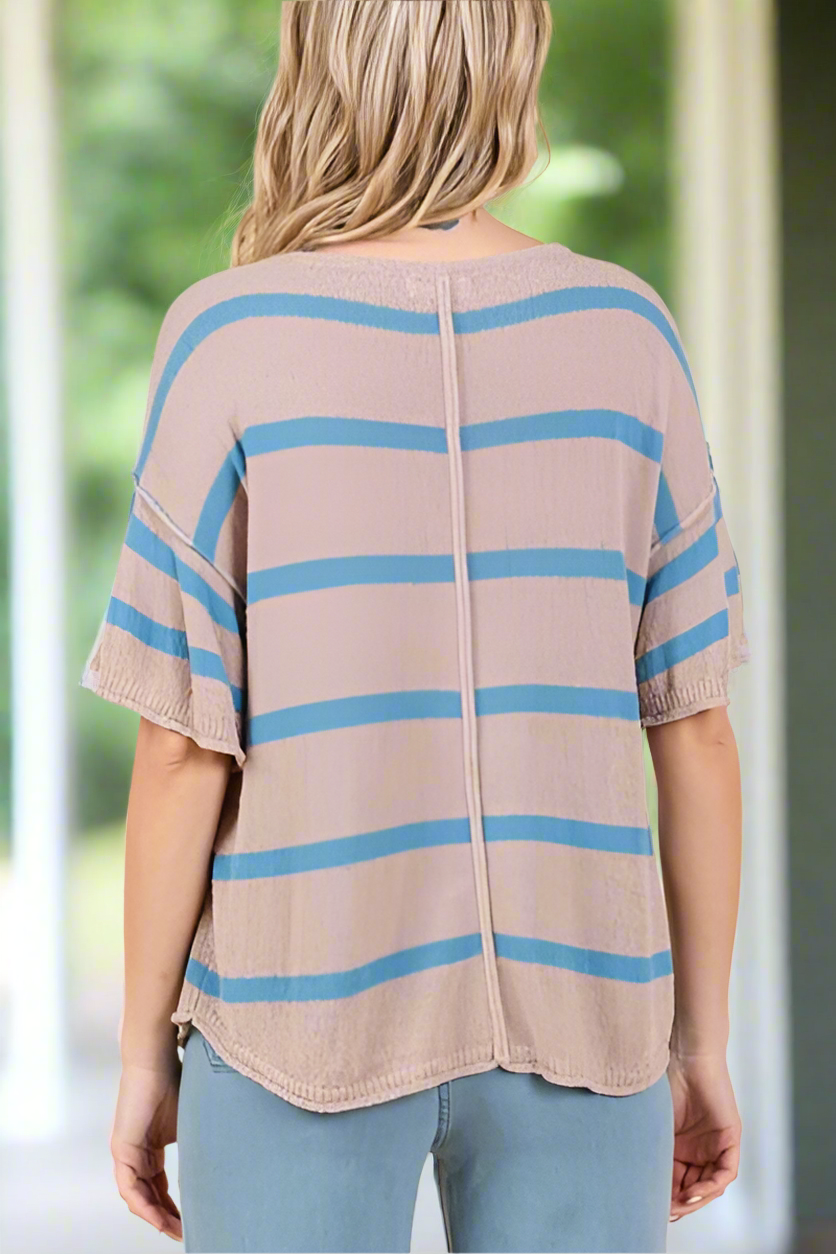 Summer Stripes Flounce Sleeve Knit Top