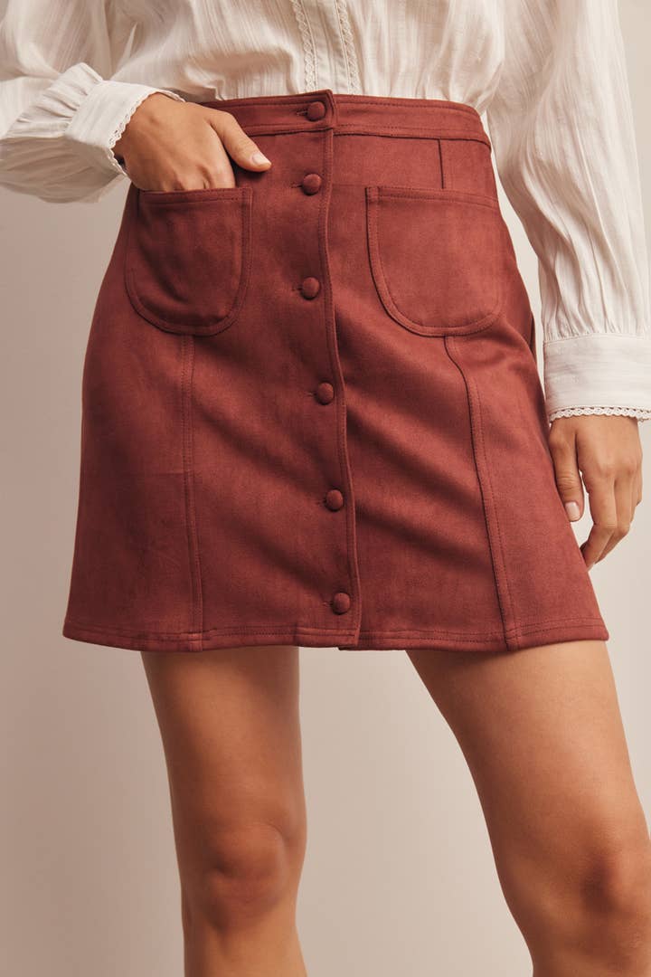 Stretch Suede Button Front Mini Skirt in Burgundy, close-up