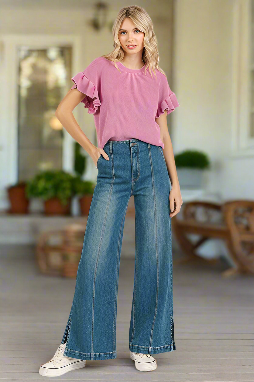 Mittoshop Medium Wash Slimming Wide Leg Jeans