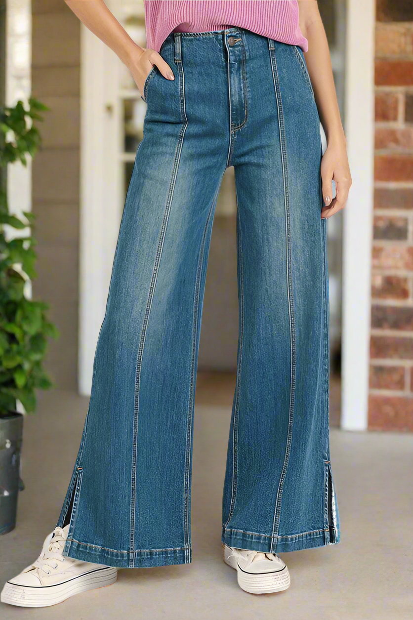 Mittoshop Medium Wash Slimming Wide Leg Jeans