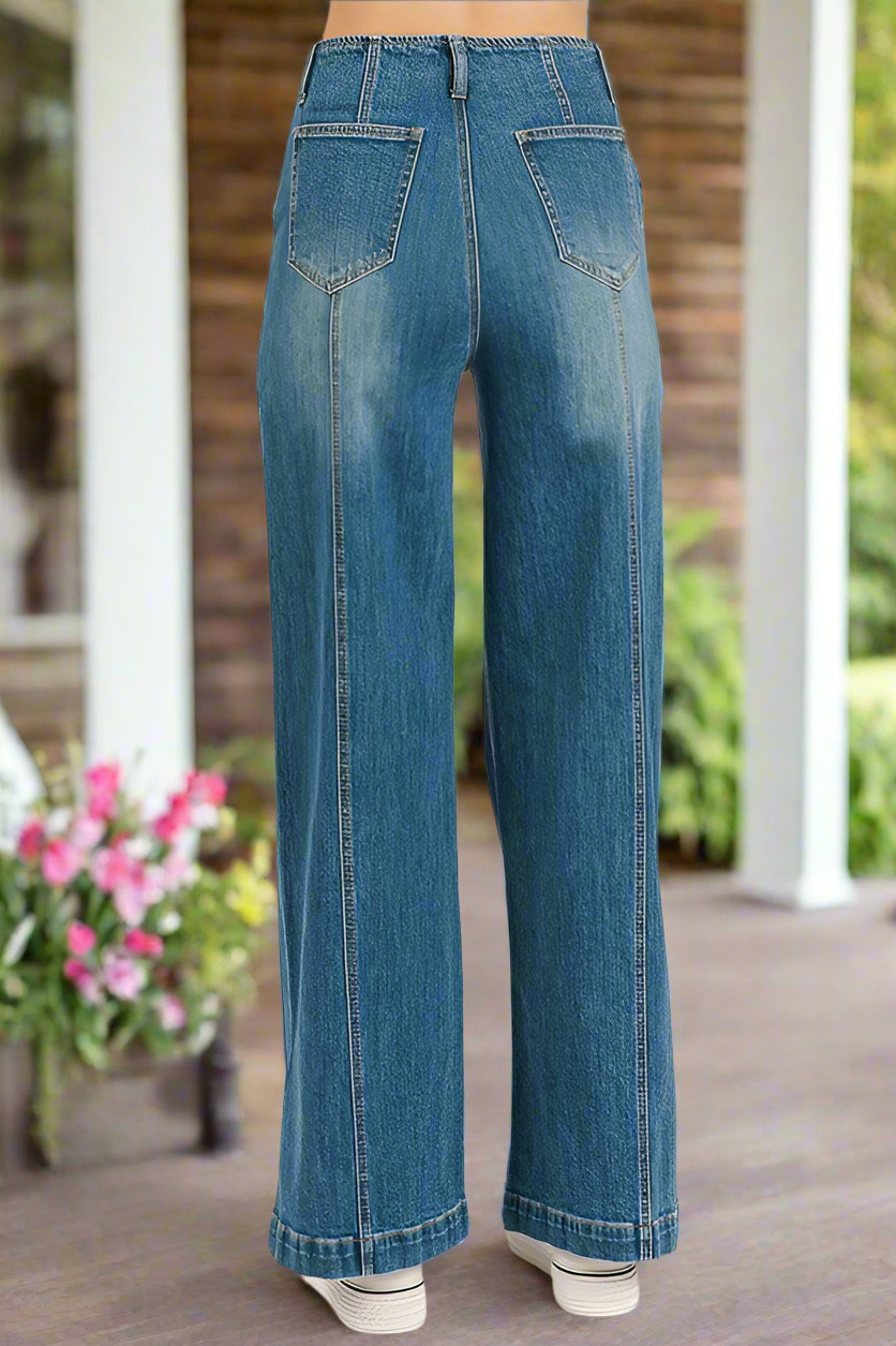 Mittoshop Medium Wash Slimming Wide Leg Jeans