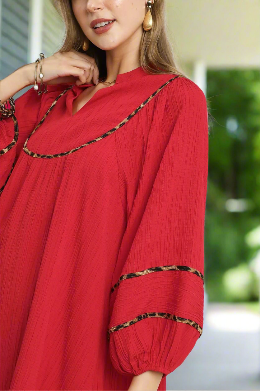 Umgee Textured Dress with Leopard Trim in Red