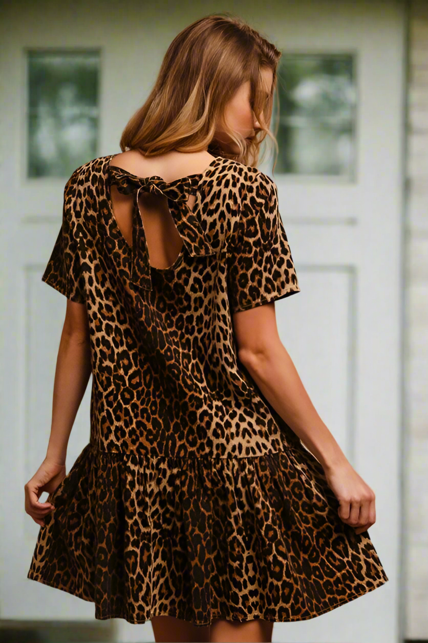 BiBi Tie Back Leopard Round Neck Short Sleeve Dress