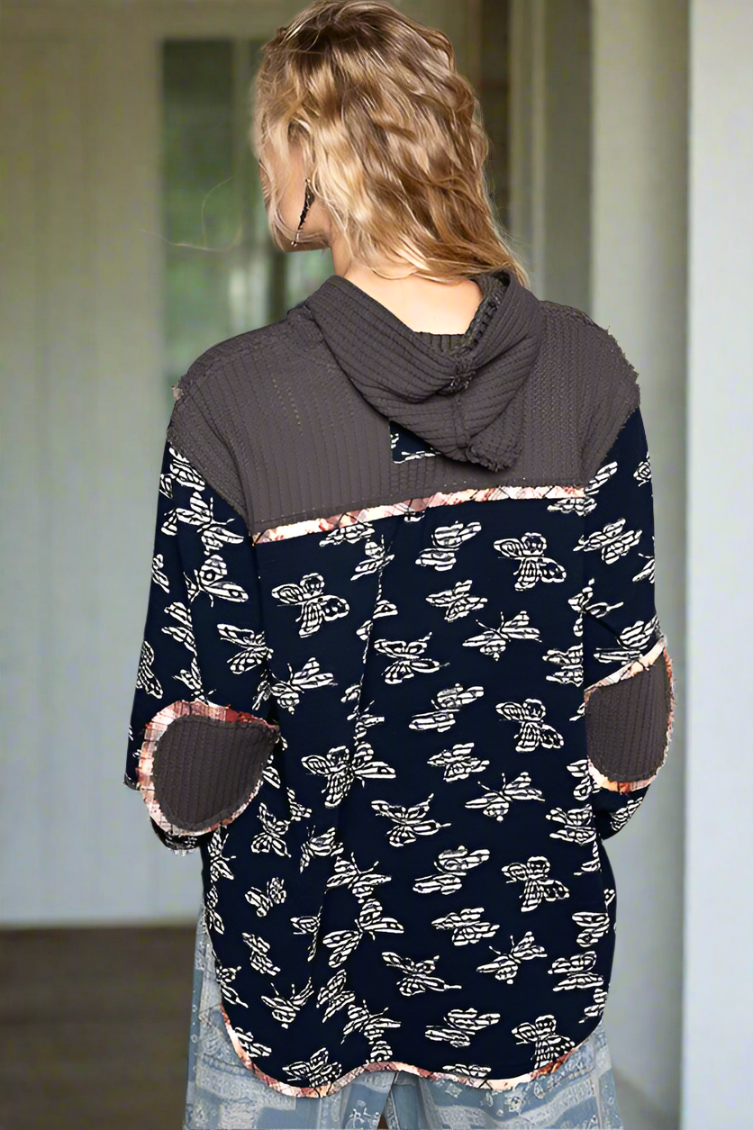 POL Butterfly Waffle-Knit Hoodie Top