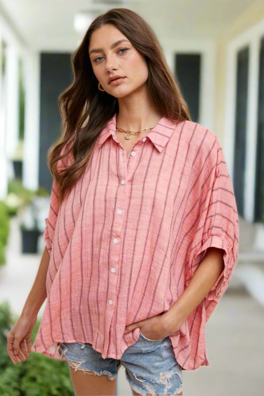 Annie Wear Striped Button Up Half Sleeve Top