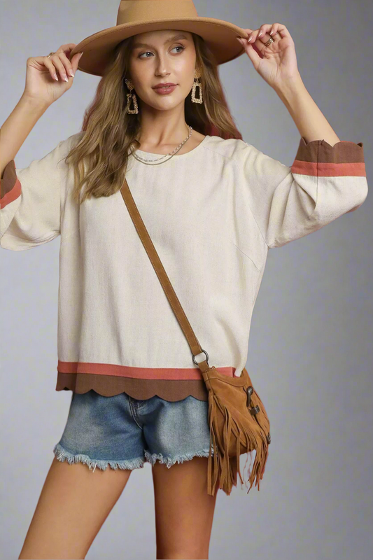 Umgee Scalloped Hem Color Block Top