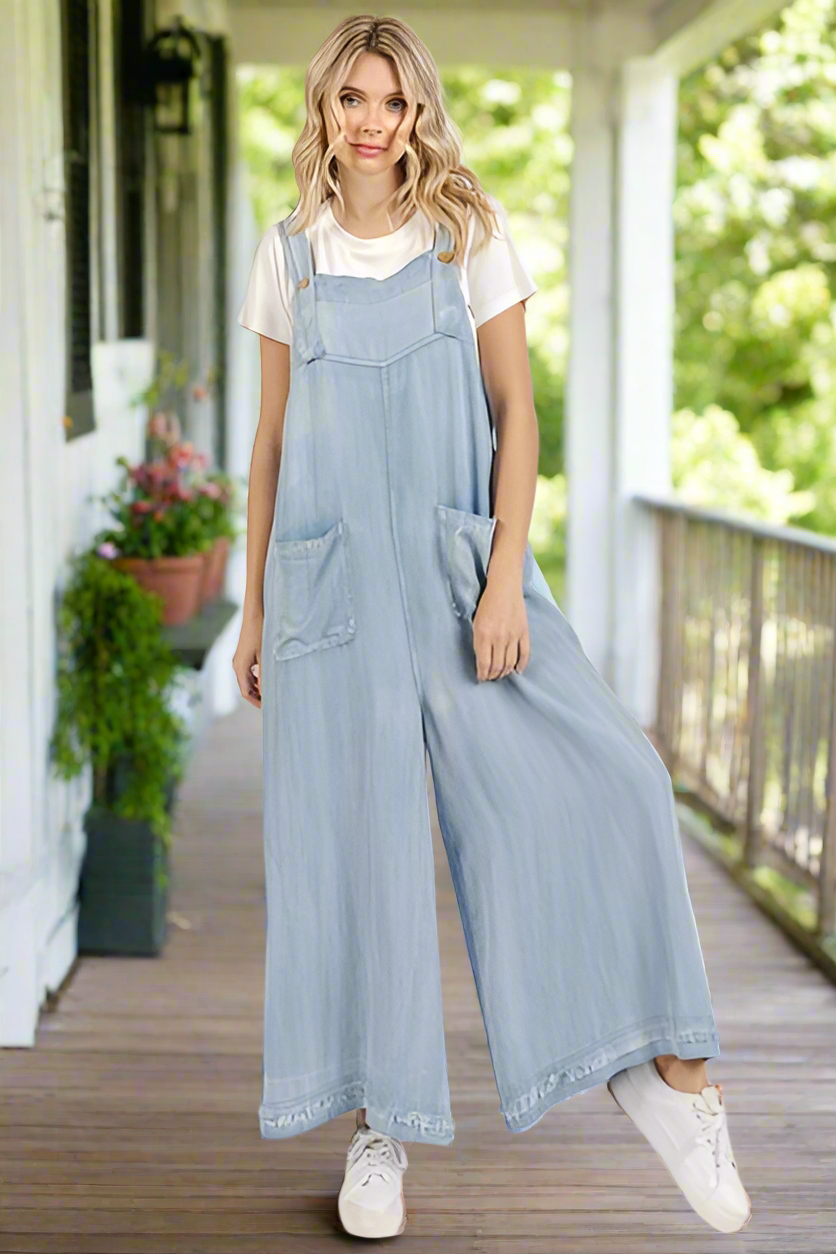 Mittoshop Wide Strap Wide Leg Chambrey Jumpsuit