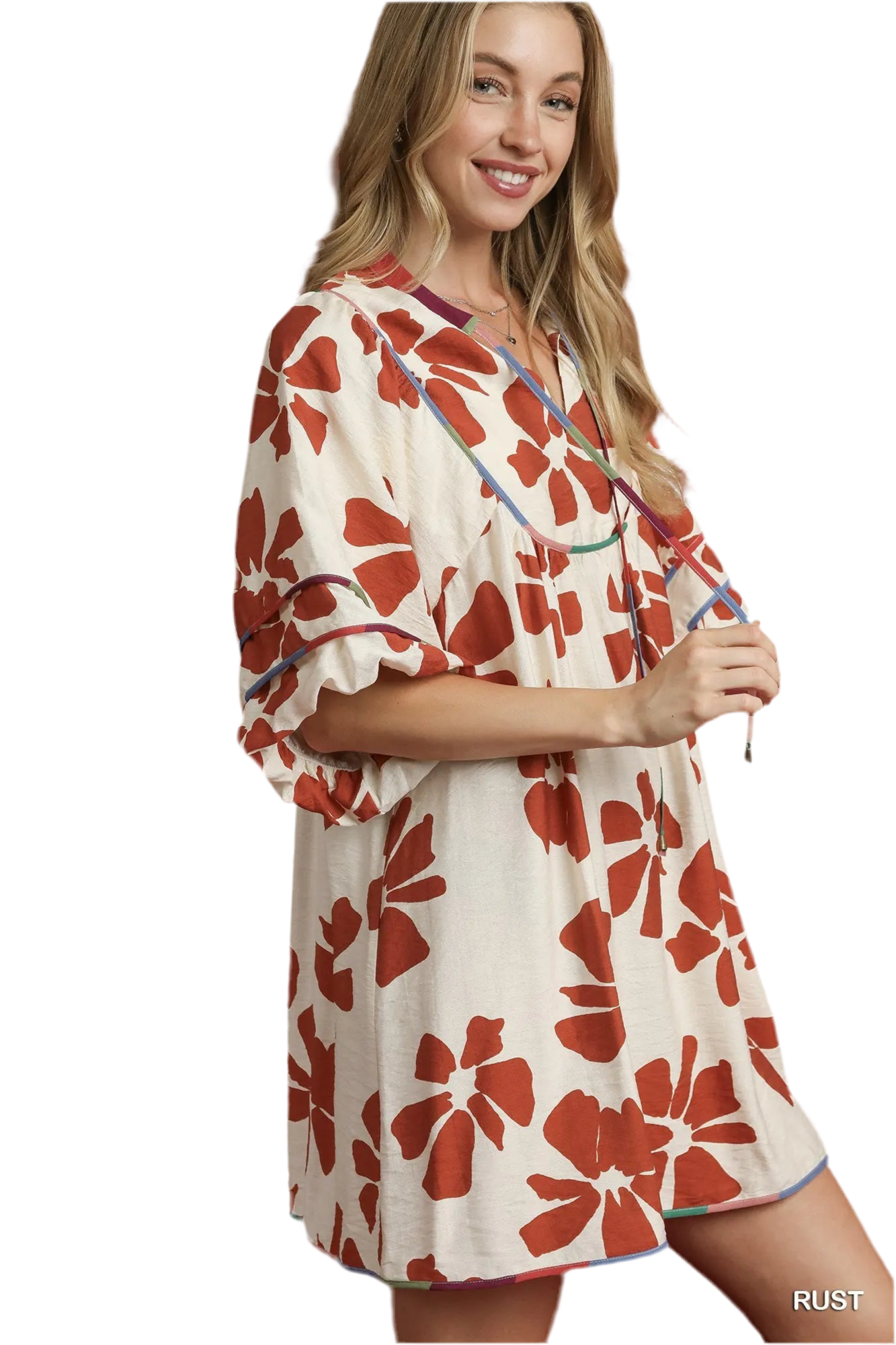 Umgee Two Tone Floral Tie-Neck Babydoll Dress