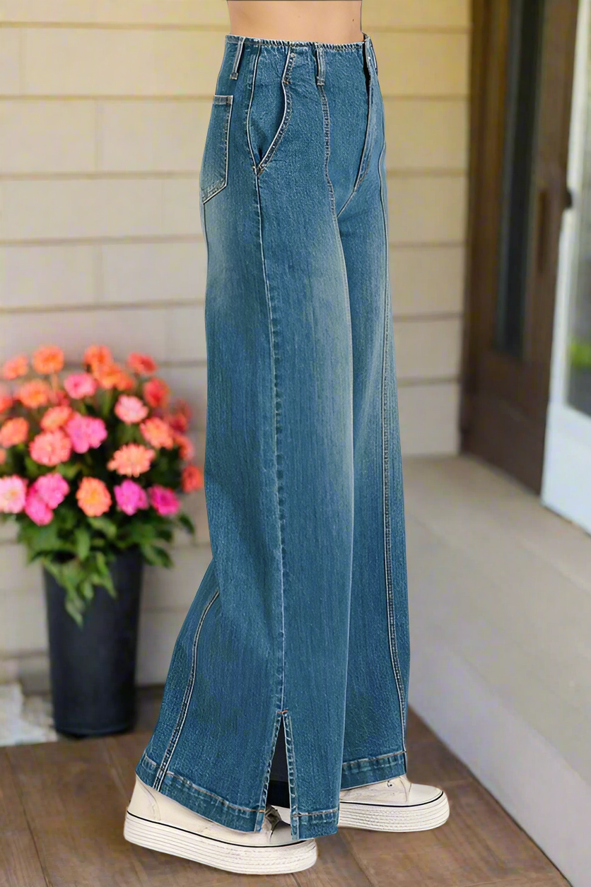 Mittoshop Medium Wash Slimming Wide Leg Jeans