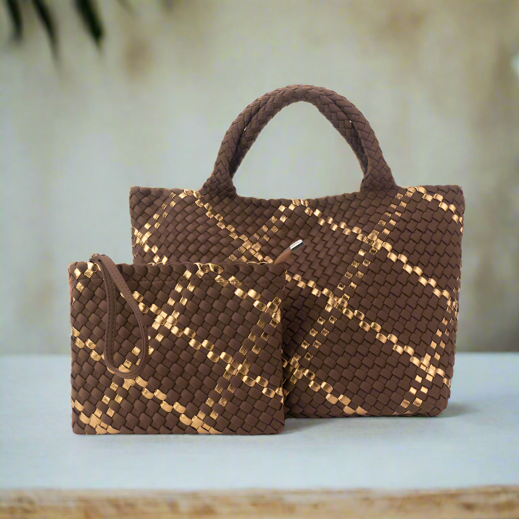 The Charli | Large Woven Neoprene Tote with Wristlet | Cocoa with Gold Stripe