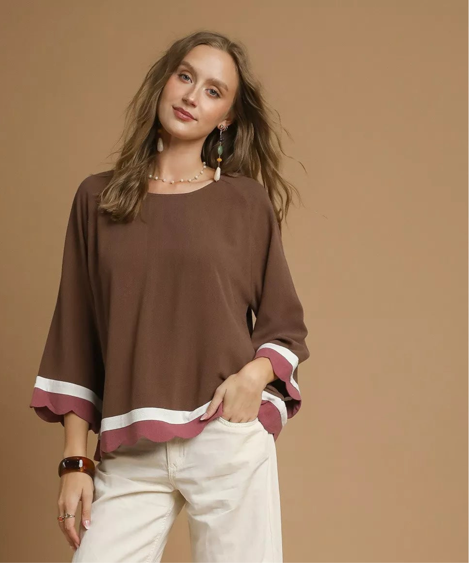 Umgee Scalloped Hem Color Block Top