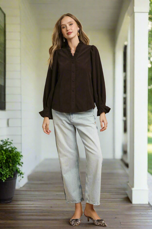 Umgee Corduroy Ruffle Shirt with Long Puff Sleeves
