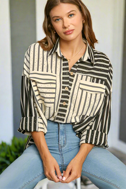 Umgee Pointelle Striped Collared Top