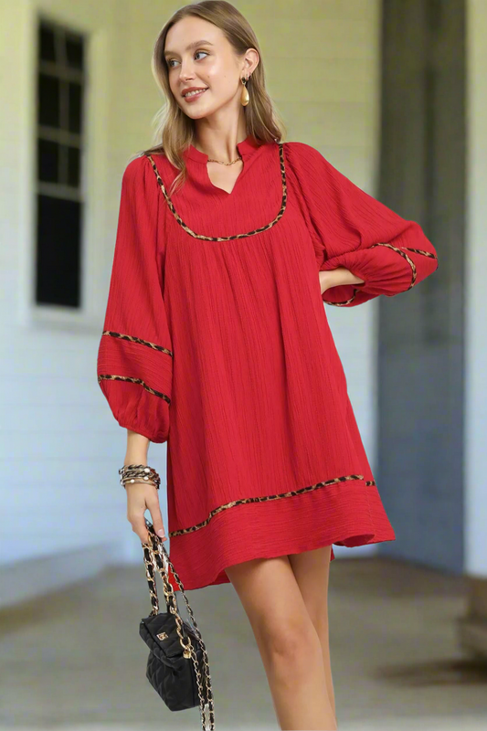 Umgee Textured Dress with Leopard Trim in Red