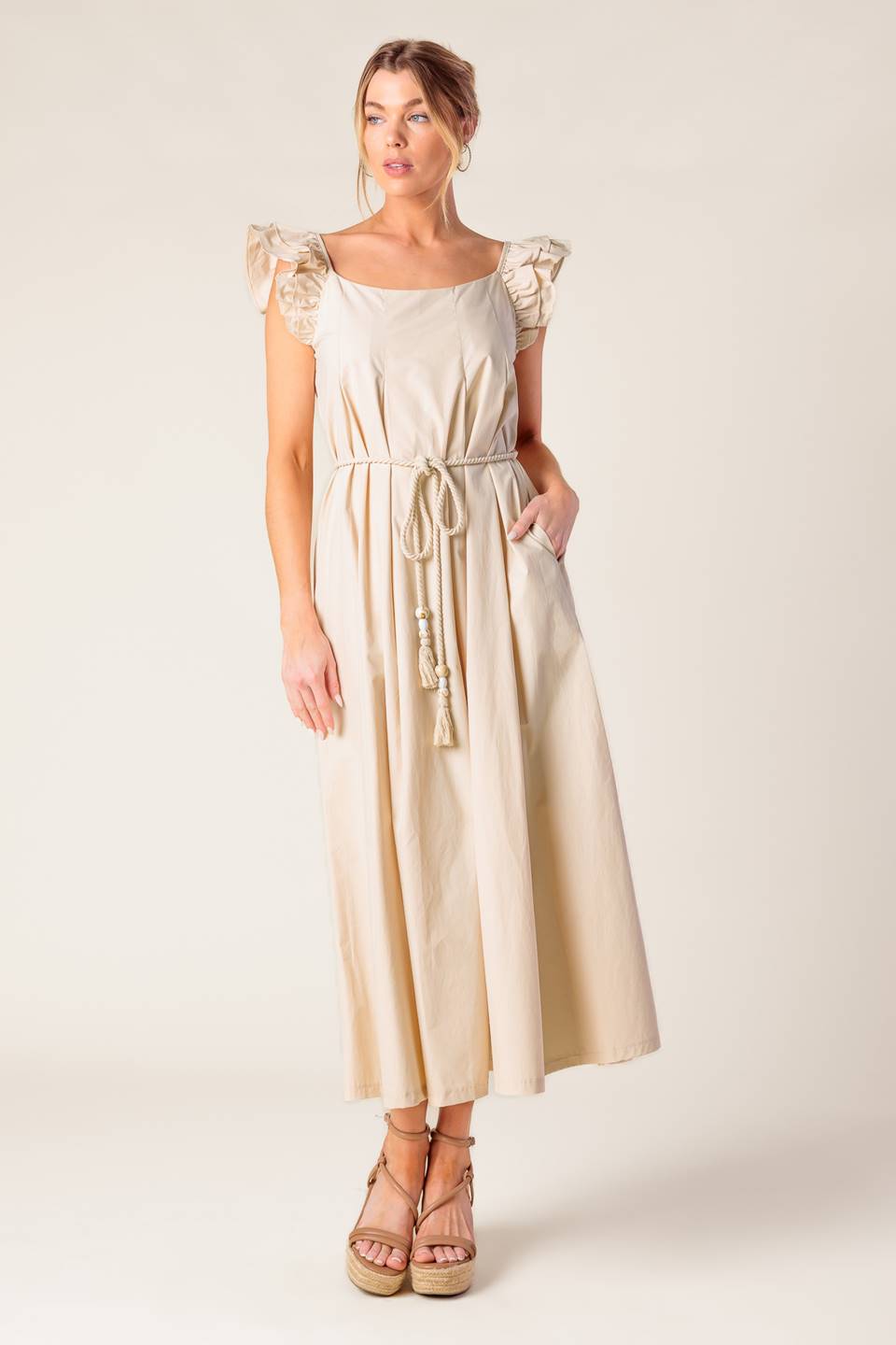 CHAMPAGNE TOAST TAUPE WOVEN MIDI DRESS
