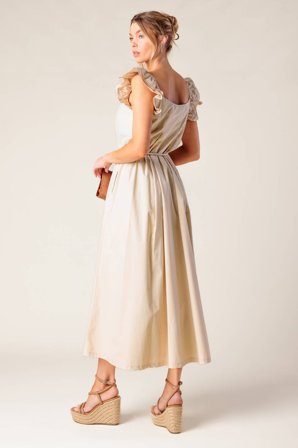 CHAMPAGNE TOAST TAUPE WOVEN MIDI DRESS