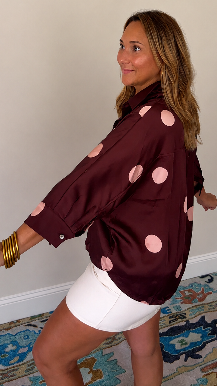 Blushing Mocha Dot Button-Up Top