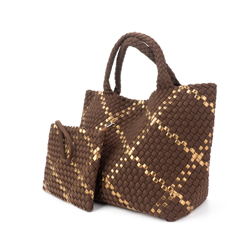 The Charli | Large Woven Neoprene Tote with Wristlet | Cocoa with Gold Stripe