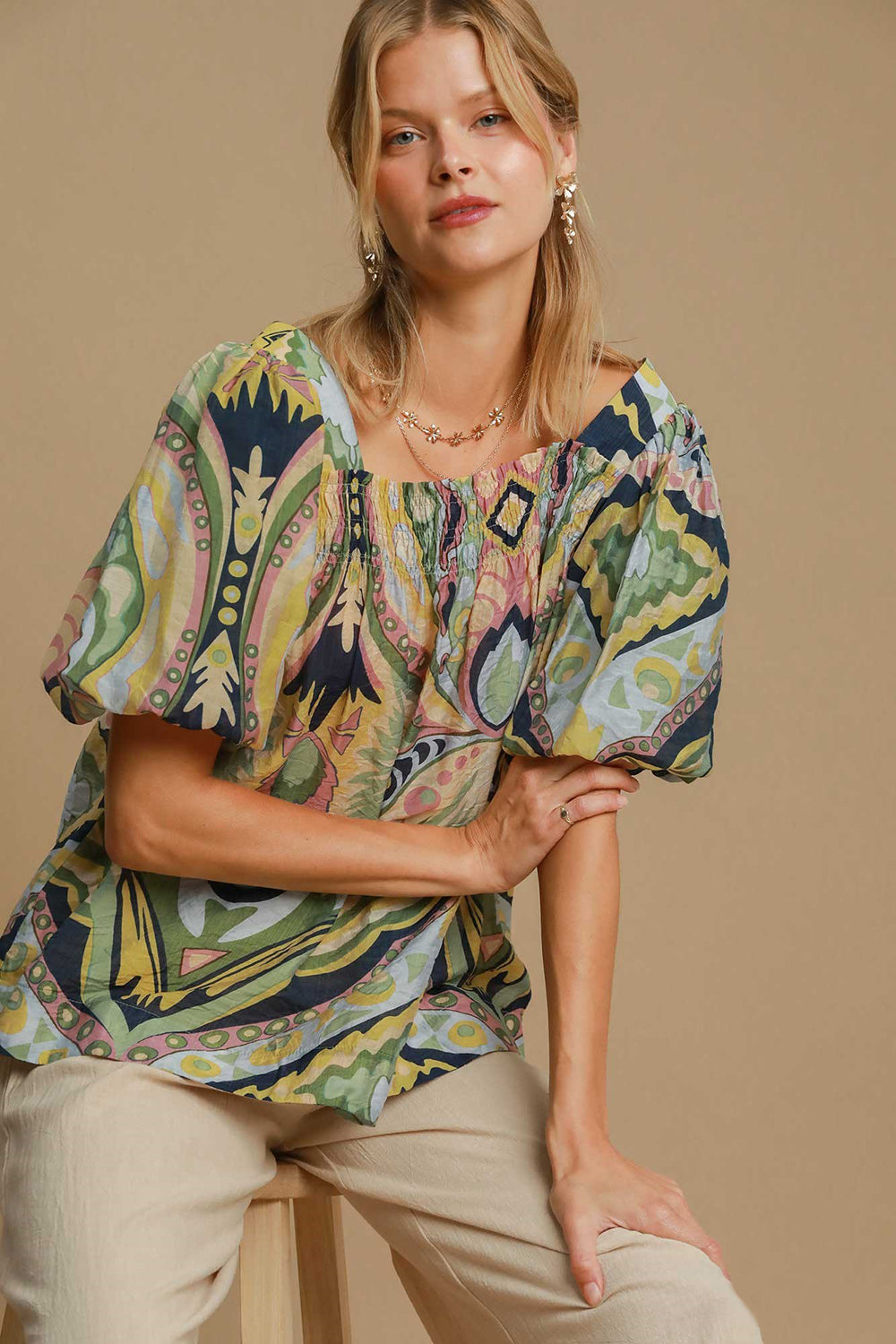 Umgee Famous Print Smocked Top