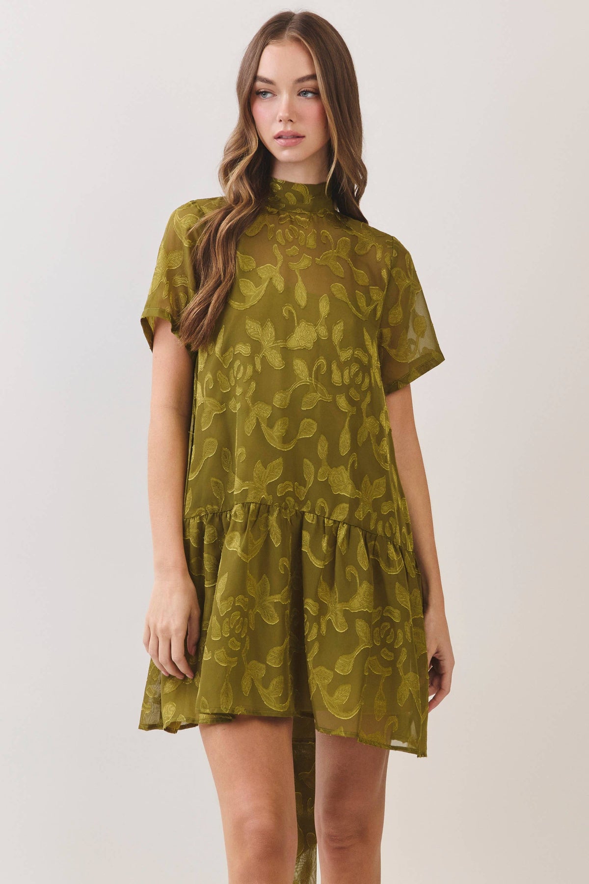 Floral Jacquard Tie-Neck Mini Dress