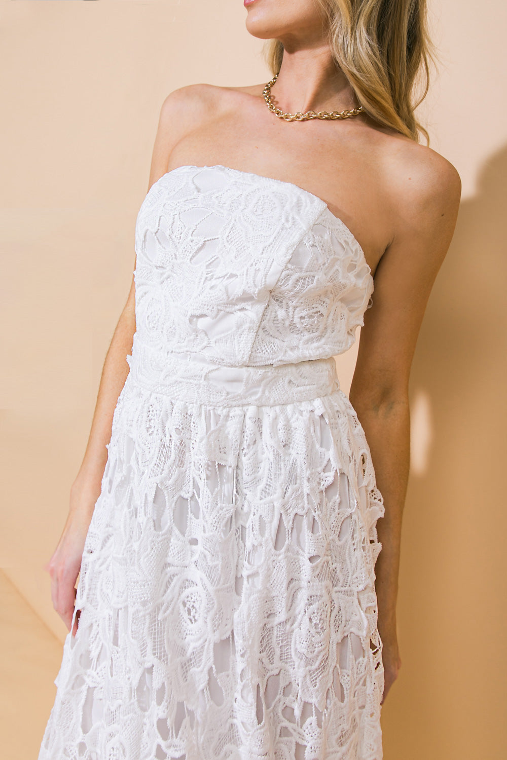CAREFREE NIGHTS LACE OFF WHITE MIDI DRESS