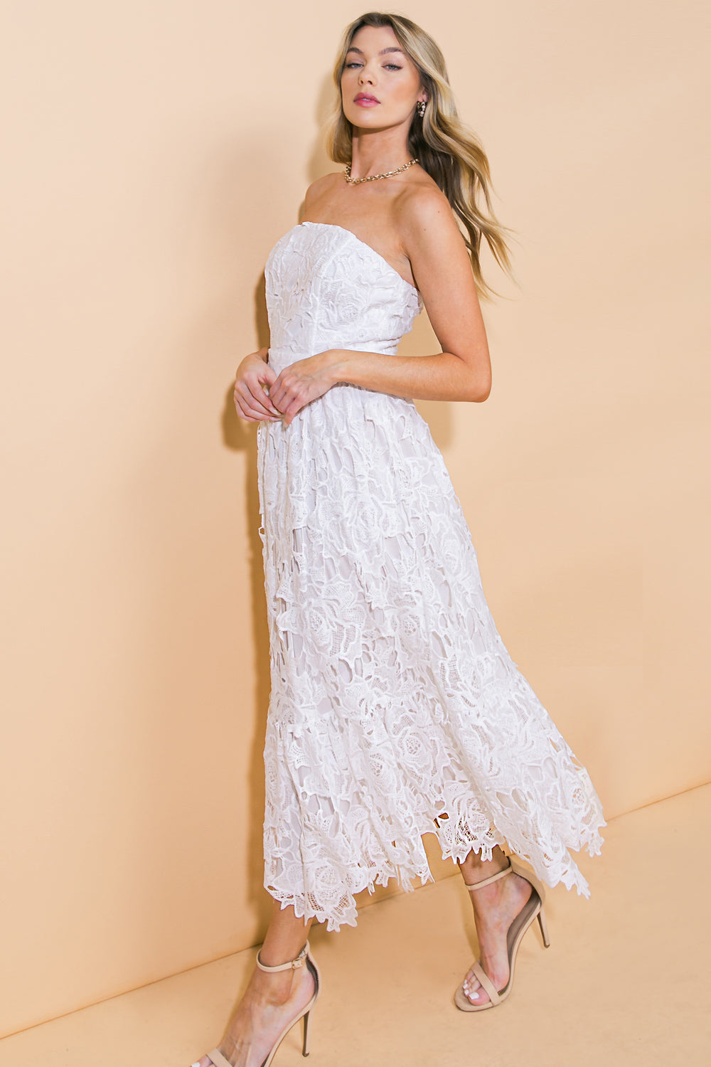 CAREFREE NIGHTS LACE OFF WHITE MIDI DRESS