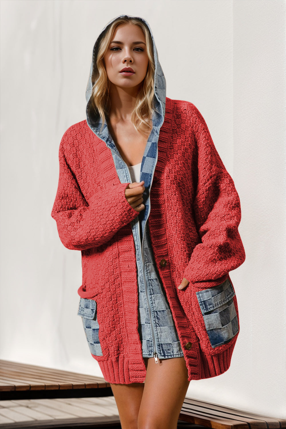 Double Take Hooded Denim Spliced Sweater Cardigan