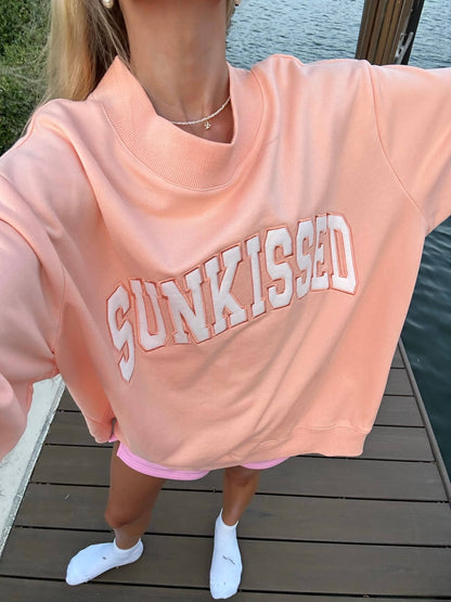 Papaya Orange Varsity Sunkissed Embroidered Mockneck Sweatshirt 100% Cotton